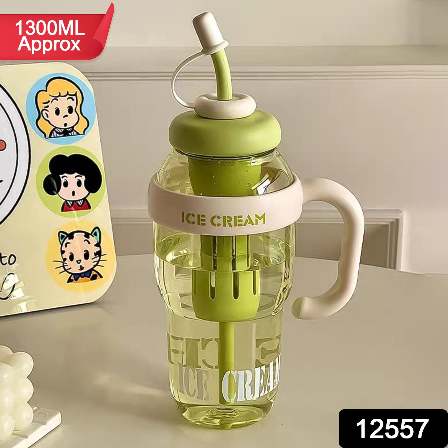 Approx 1300ml Large Capacity Cute Ice Cream Themed Water Bottle With Handle Straw  Fruit Infuser  Leakproof Sipper For Kids  Adults Approx 1300ml Large Capacity Cute Ice Cream Themed Water Bottle With Handle Straw  Fruit Infuser  Leakproof Sipper For Kids  Adults